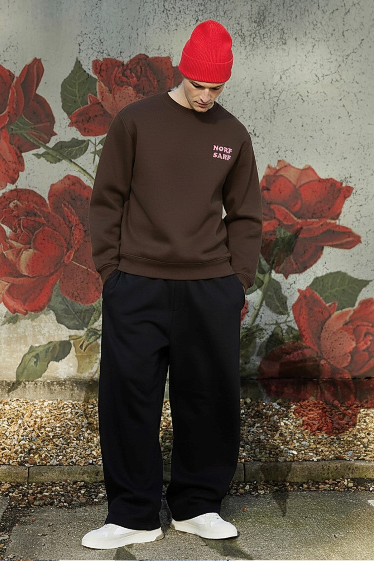 Unisex Oversize Sweatshirt Norf Sarf Harita Baskılı Kahverengi – Bisiklet Yaka, 3 İplik Polar