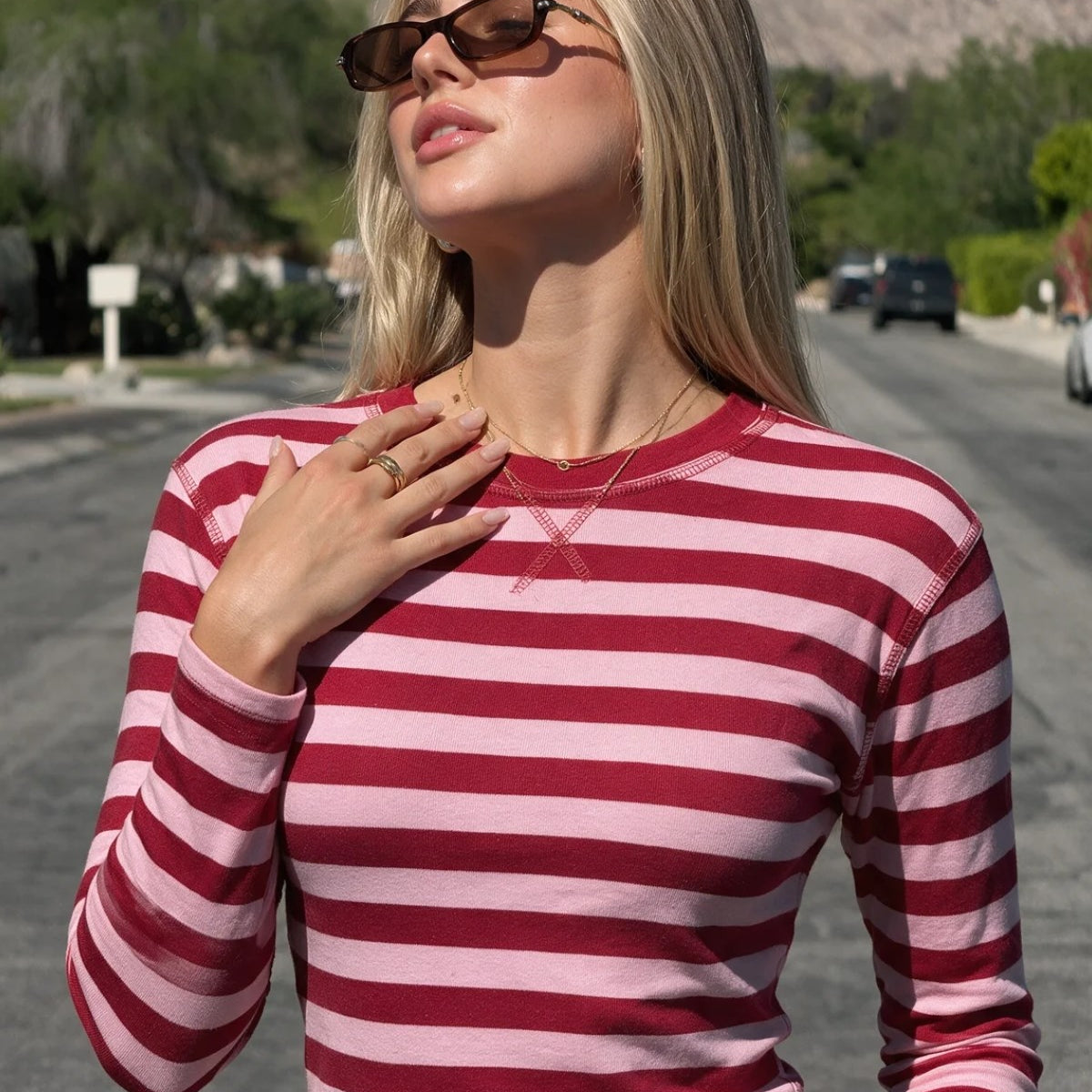Kadın Çizgili Uzun Kollu Bluz Retro Line Pembe Bordo – Bisiklet Yaka, Slim Fit, Kontrast Çizgili