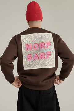 Unisex Oversize Sweatshirt Norf Sarf Harita Baskılı Kahverengi – Bisiklet Yaka, 3 İplik Polar