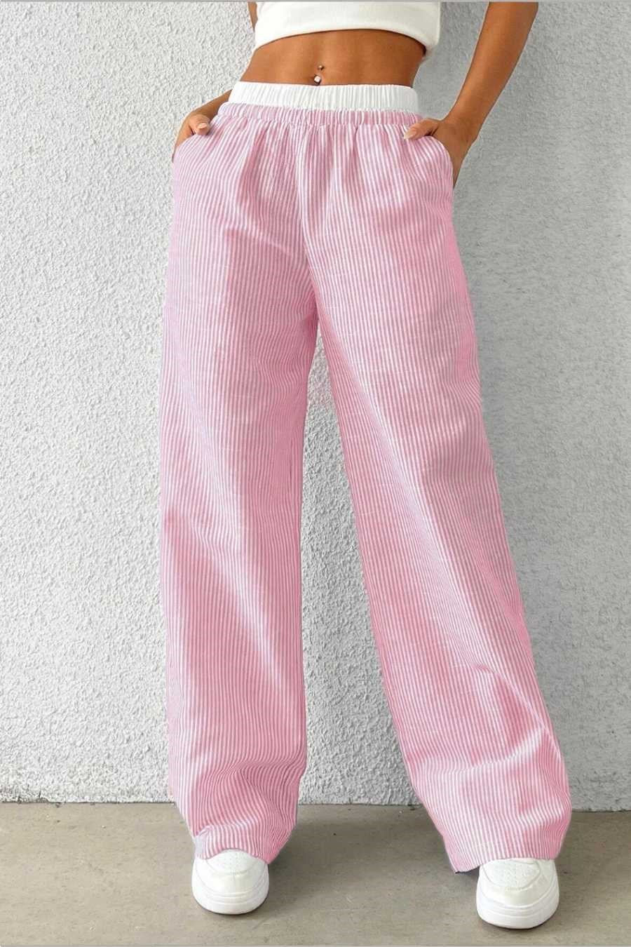 Kadın Pembe Çizgili Poplin Dokuma Pantolon – Yüksek Bel Lastikli Bol Paça Rahat Model