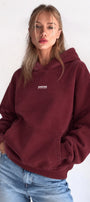 Kadın Oversize Hoodie Amore Baskılı Bordo – Kapüşonlu, Kanguru Cepli, 3 İplik Şardonlu Polar