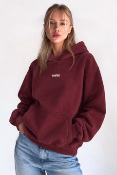 Kadın Oversize Hoodie Amore Baskılı Bordo – Kapüşonlu, Kanguru Cepli, 3 İplik Şardonlu Polar