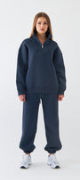Unisex Oversize Eşofman Takımı Basic Marine – Fermuarlı Dik Yaka, Lastikli Paça, 3 İplik Polar