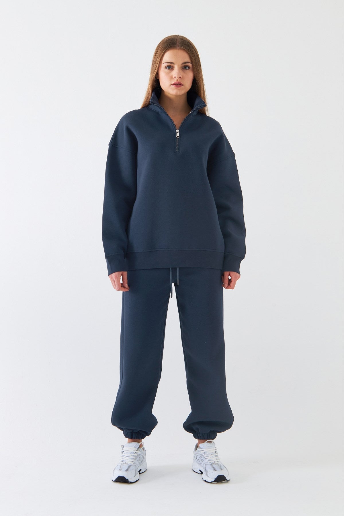 Unisex Oversize Eşofman Takımı Basic Marine – Fermuarlı Dik Yaka, Lastikli Paça, 3 İplik Polar