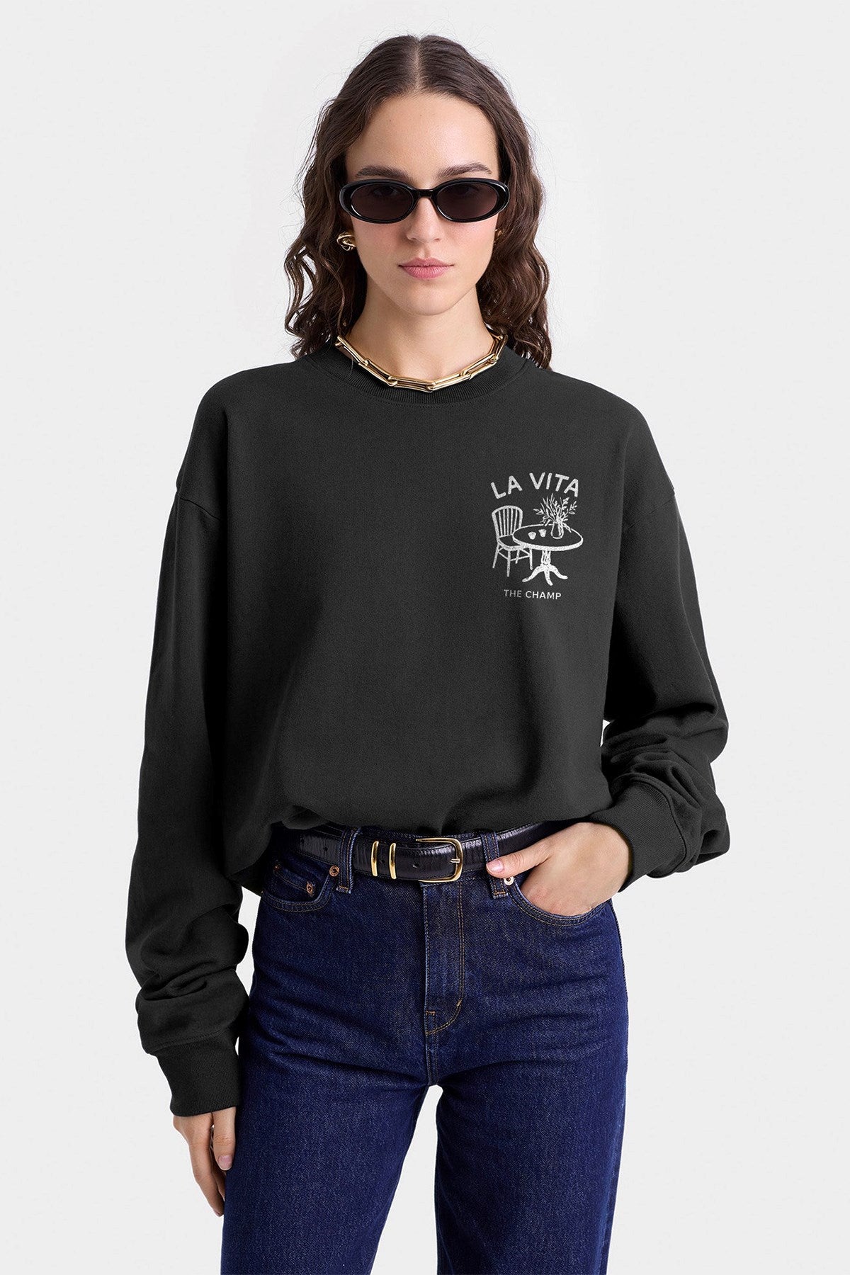 Kadın Oversize Sweatshirt Dolce Casa Baskılı Füme Konsept – Bisiklet Yaka, 3 İplik Şardonlu Polar