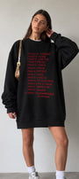 Kadın Oversize Sweatshirt Elbise More Love Baskılı Siyah – Bisiklet Yaka, 3 İplik Şardonlu Polar