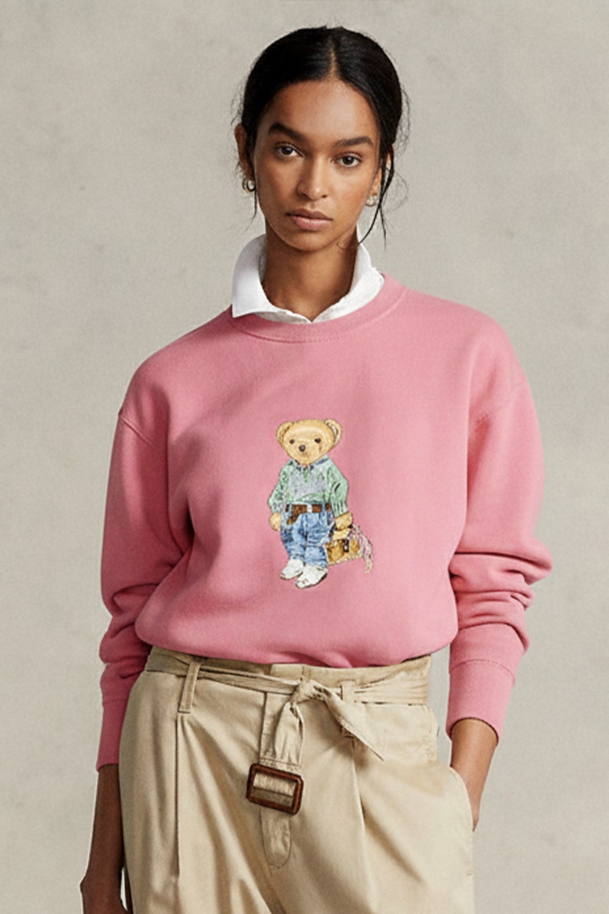 Kadın Oversize Sweatshirt Weekend Bear Baskılı Pembe – Bisiklet Yaka, 3 İplik Şardonlu