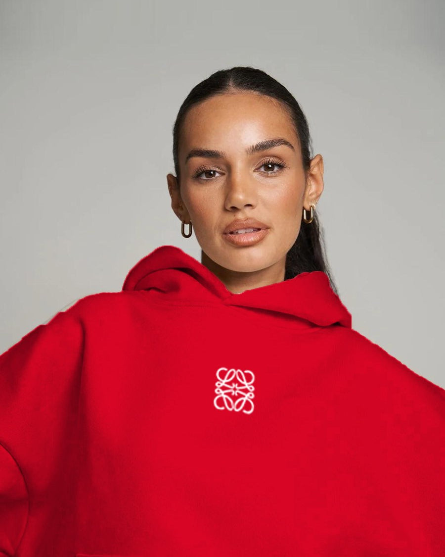 Kırmızı Unisex Loewe Yüksek Baskılı Kapüşonlu Kanguru Cepli Oversize Hoodie