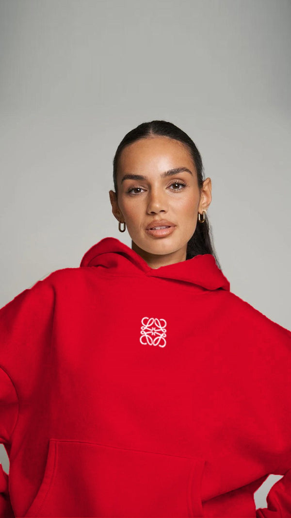 Kırmızı Unisex Loewe Yüksek Baskılı Kapüşonlu Kanguru Cepli Oversize Hoodie