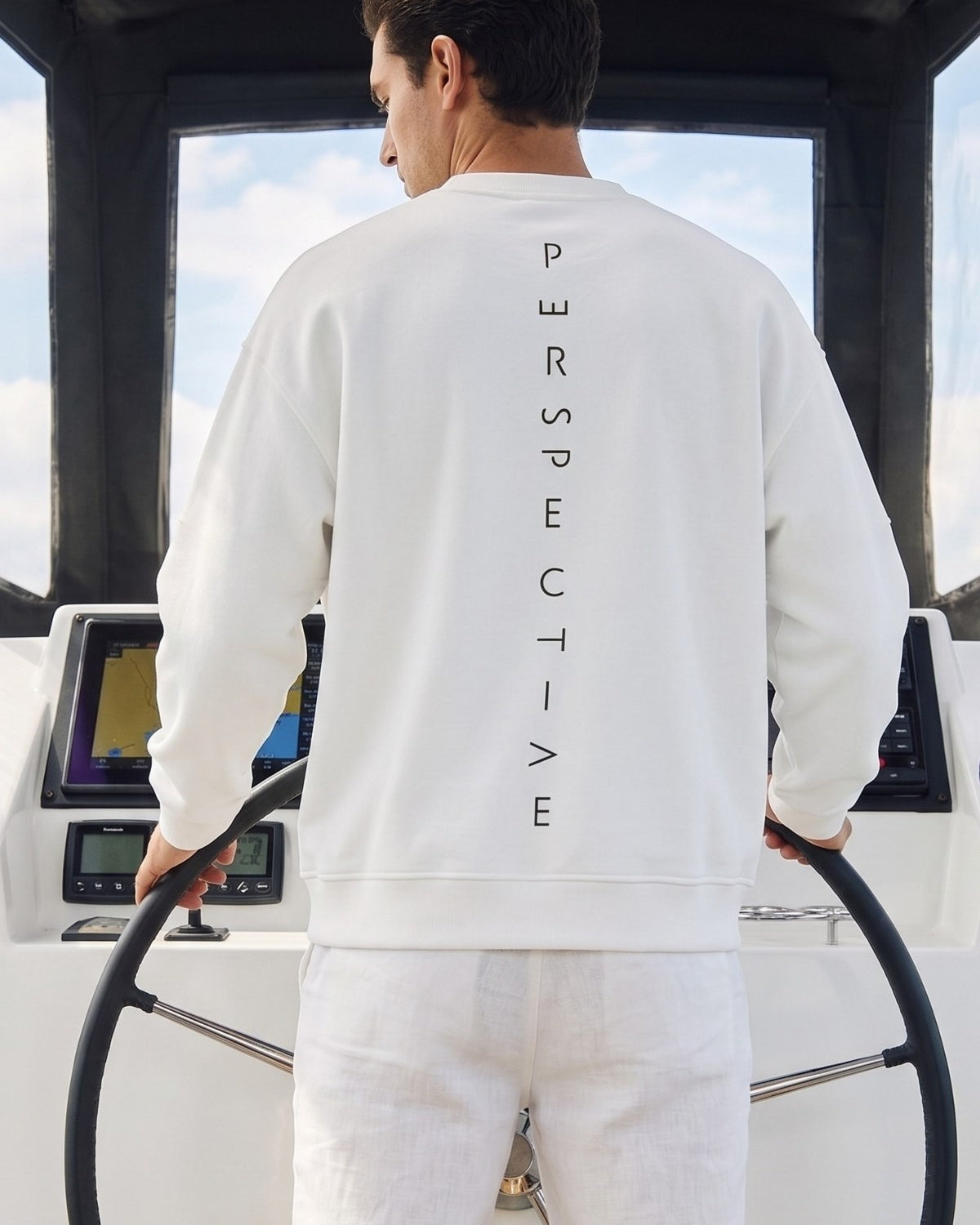 Erkek Oversize Sweatshirt Perspectiv Baskılı Beyaz – Bisiklet Yaka, 3 İplik Şardonlu Polar