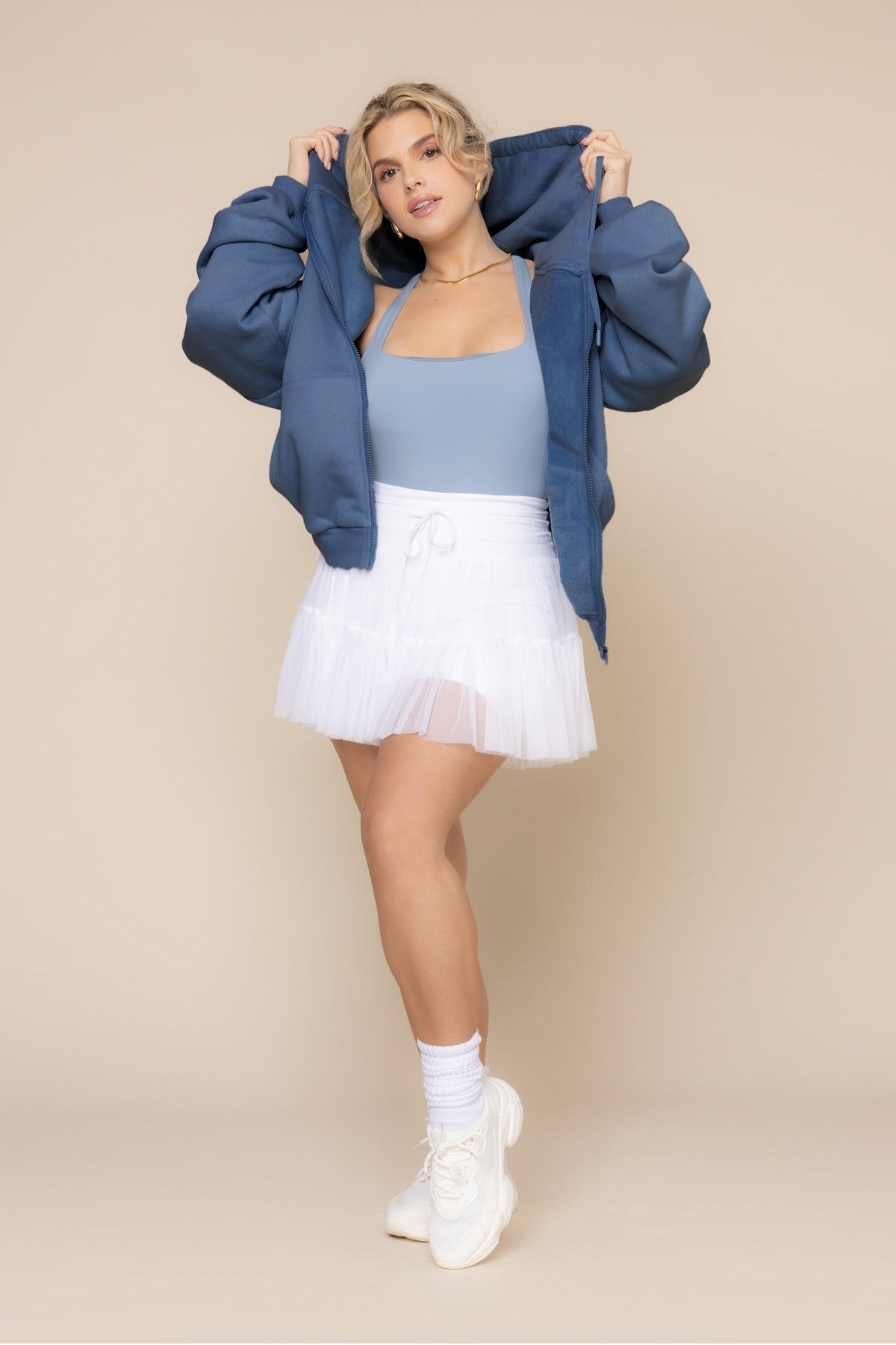 Kadın Koyu Mavi Kapüşonlu Sweatshirt Fermuarlı 3 İplik Şardonlu Oversize Kesim