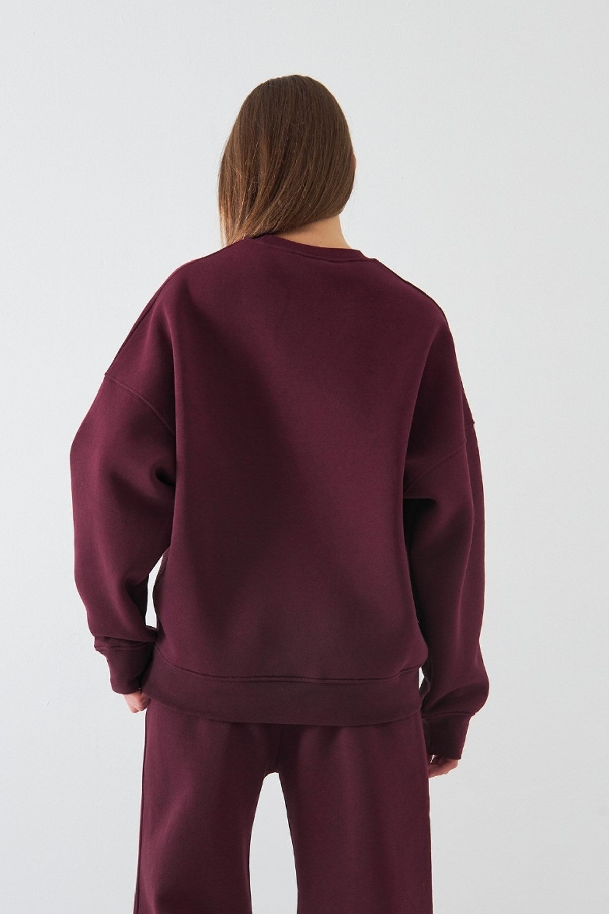 Kadın Oversize Sweatshirt Sun & Moon Baskılı Bordo – Bisiklet Yaka, 3 İplik Şardonlu Polar