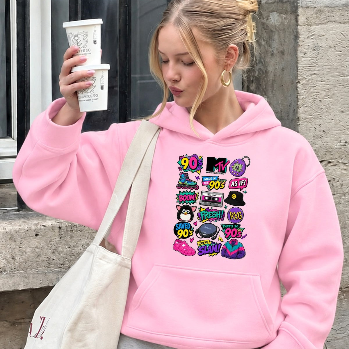 Kadın Oversize Hoodie Sweatshirt 90s Pop Patch Baskılı Pembe – Kapüşonlu, Kanguru Cepli, 3 İplik 