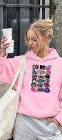 Kadın Oversize Hoodie Sweatshirt 90s Pop Patch Baskılı Pembe – Kapüşonlu, Kanguru Cepli, 3 İplik 