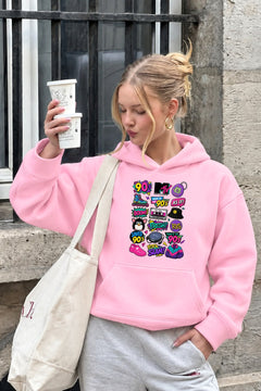 Kadın Oversize Hoodie Sweatshirt 90s Pop Patch Baskılı Pembe – Kapüşonlu, Kanguru Cepli, 3 İplik