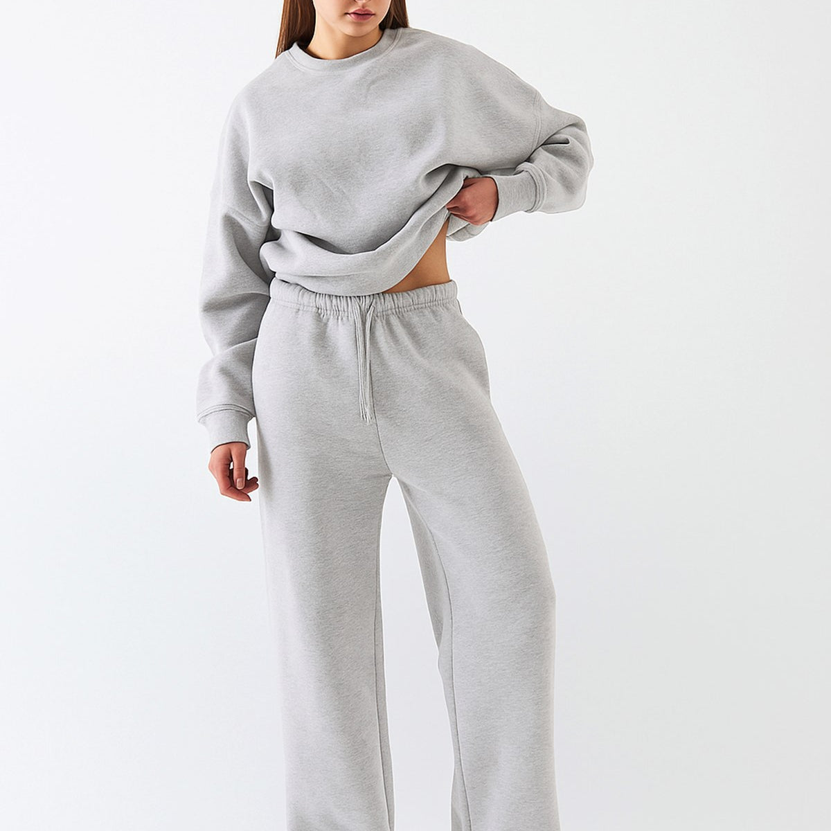 Unisex Oversize Eşofman Takımı Basic Gri Melanj – Bisiklet Yaka, Bol Paça, 3 İplik Şardonlu Polar