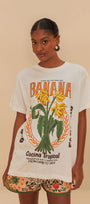 Kadın Beyaz Oversize Banana Yazılı Tropikal Desenli Yazlık Tişört