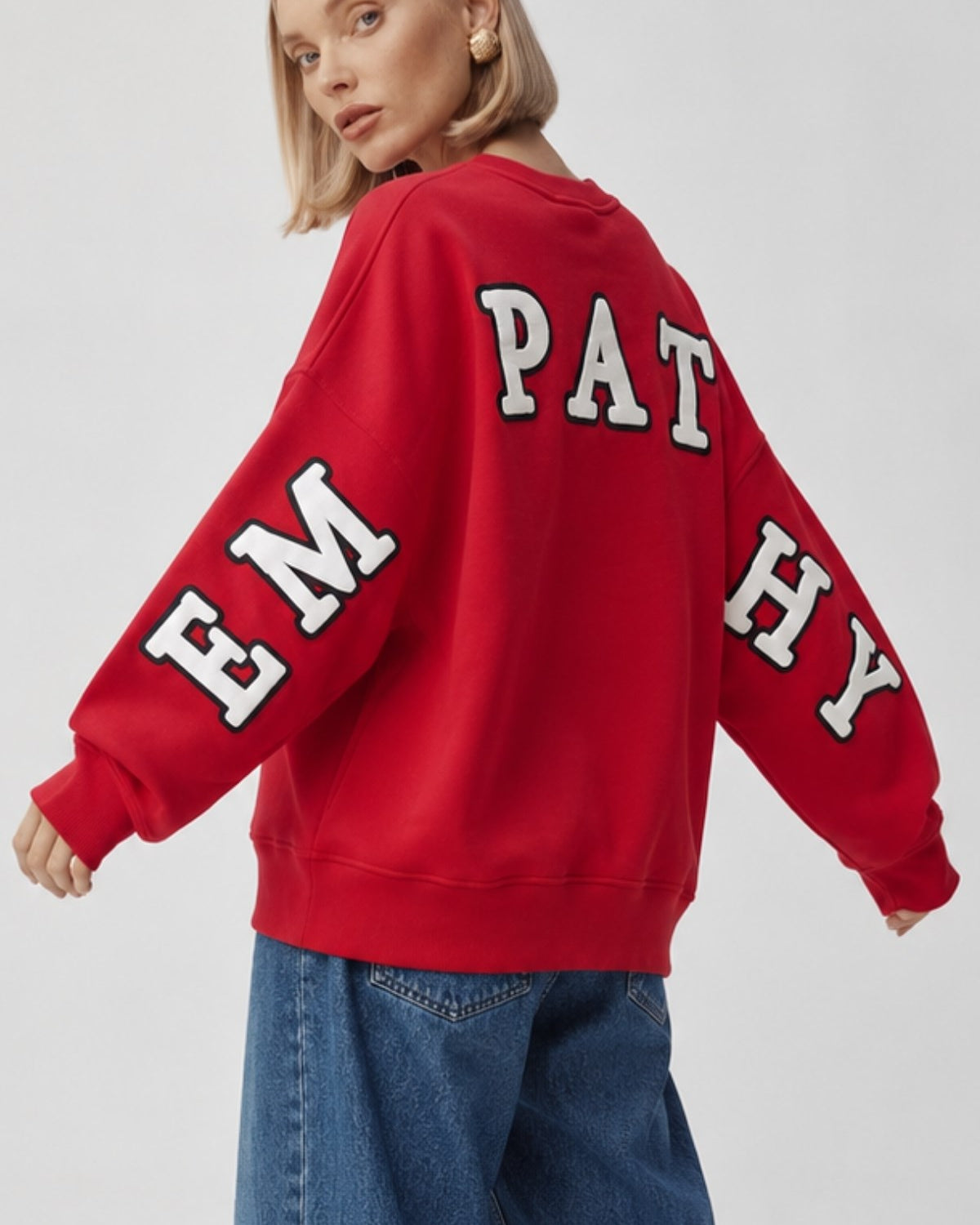 Kadın Oversize Sweatshirt Empathy 3D Baskılı Kırmızı – Bisiklet Yaka, 3 İplik Şardonlu Polar