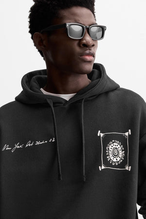 Siyah New Your Art Baskılı Kapüşonlu Oversize Hoodie