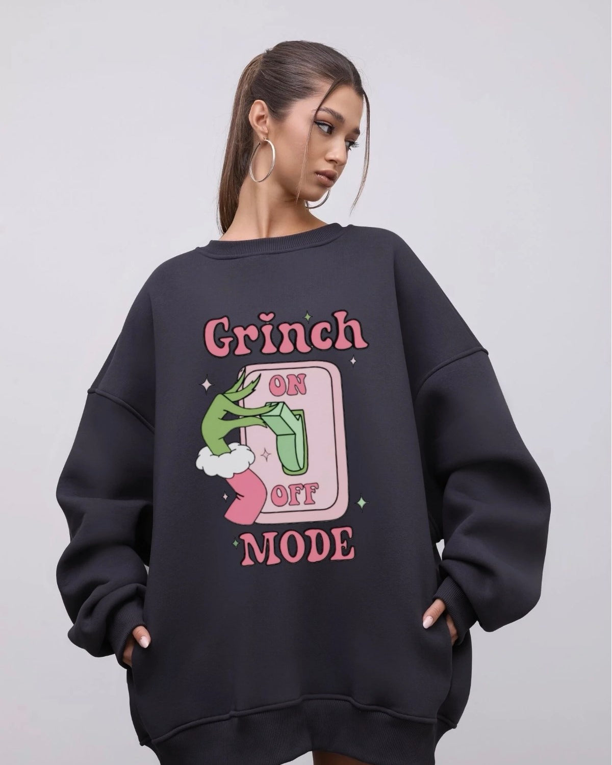 Kadın Oversize Sweatshirt Elbise Grinch Mode Baskılı Füme – Bisiklet Yaka, 3 İplik Şardonlu Polar