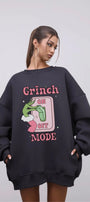 Kadın Oversize Sweatshirt Elbise Grinch Mode Baskılı Füme – Bisiklet Yaka, 3 İplik Şardonlu Polar