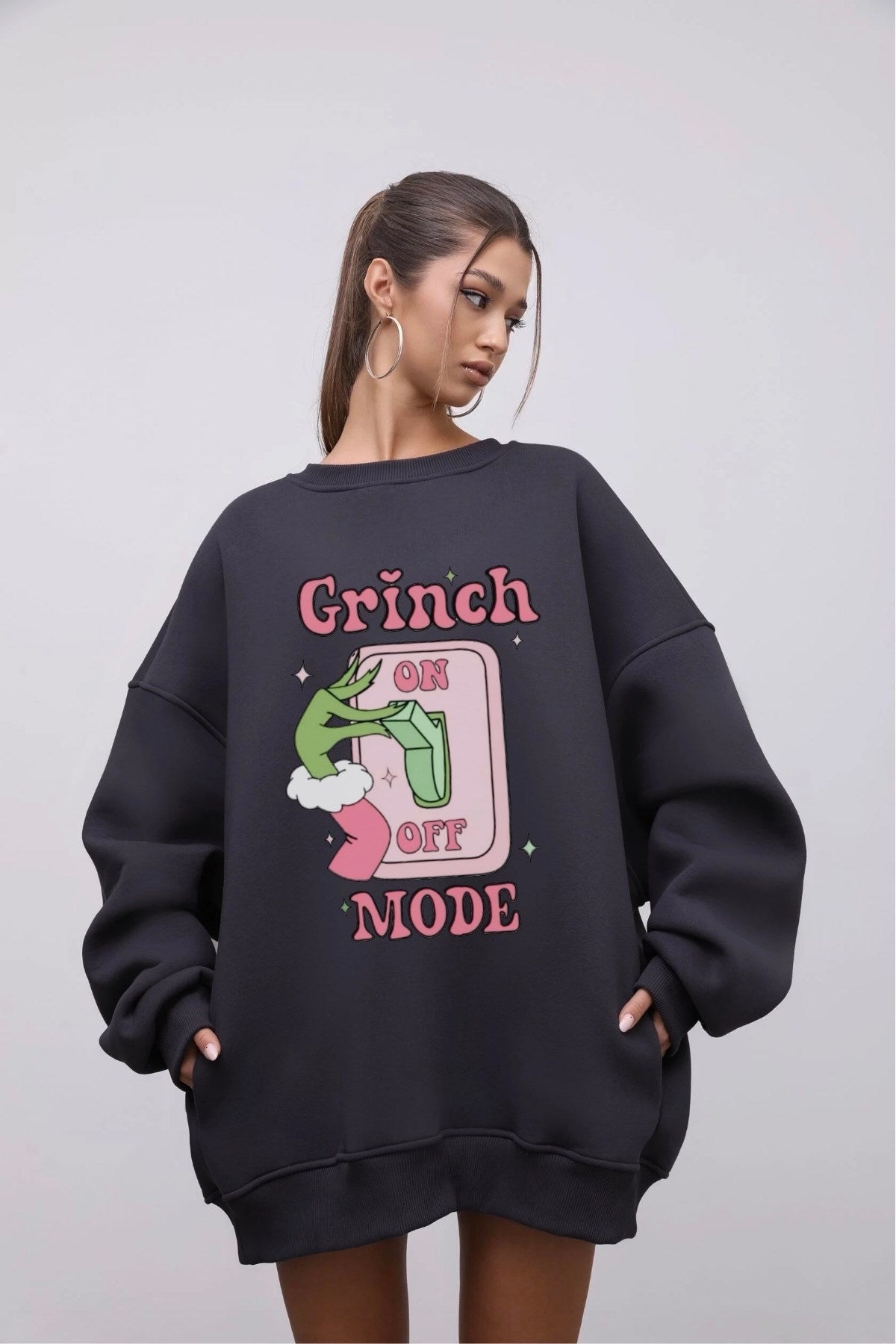 Kadın Oversize Sweatshirt Elbise Grinch Mode Baskılı Füme – Bisiklet Yaka, 3 İplik Şardonlu Polar