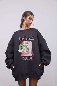 Kadın Oversize Sweatshirt Elbise Grinch Mode Baskılı Füme – Bisiklet Yaka, 3 İplik Şardonlu Polar