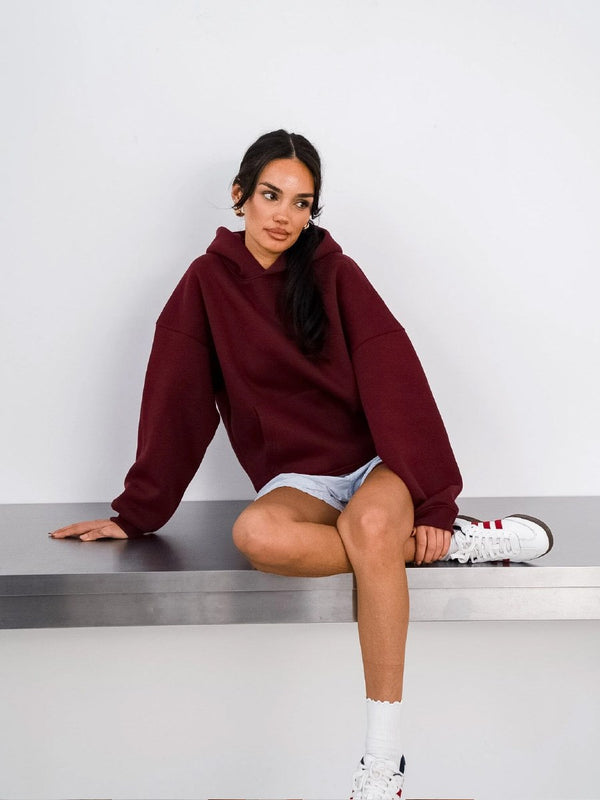 Kapüşonlu Içi Polar Bordo Unisex Oversize Hoodie Sweatshirt