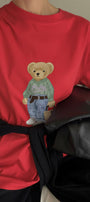 Kadın Oversize Tişört COZY Bear Baskılı Kırmızı – %100 Pamuk Compact Süprem 24/1
