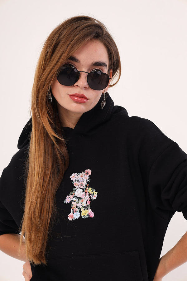 Kapüşonlu İçi Polar Çiçekli Teddy Bear Baskılı Siyah Unisex Hoodie Sweatshirt