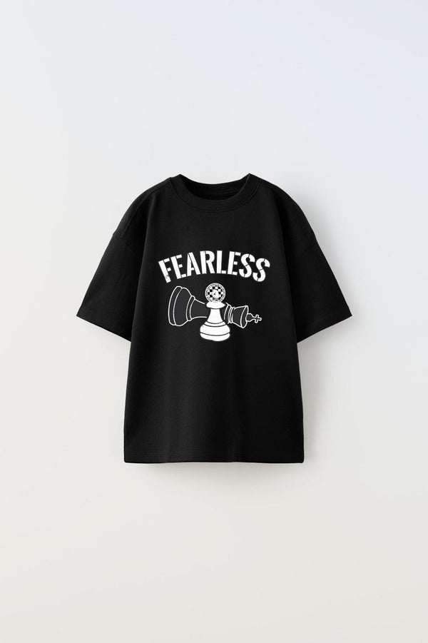 Fearless Yazılı Satranç Tasarım Baskılı Siyah Çocuk T-Shirt