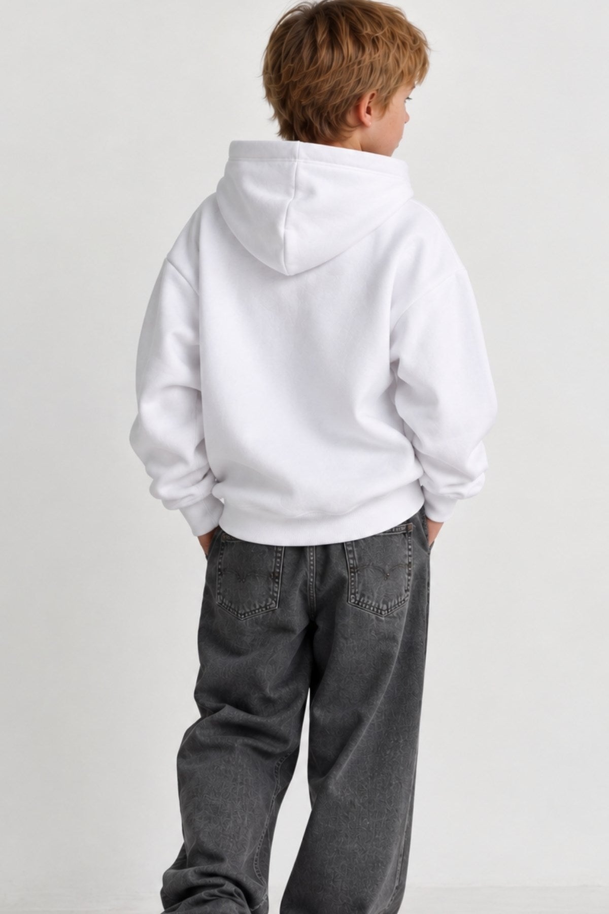 Erkek Çocuk Oversize Basic Hoodie Sweatshirt Beyaz – Kapüşonlu, Kanguru Cepli, 3 İplik Polar