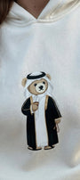 Kadın Oversize Sweatshirt Hoodie Qatari Bear Black Beyaz – Kapüşonlu, 3 İplik Polar, Kanguru Cepli