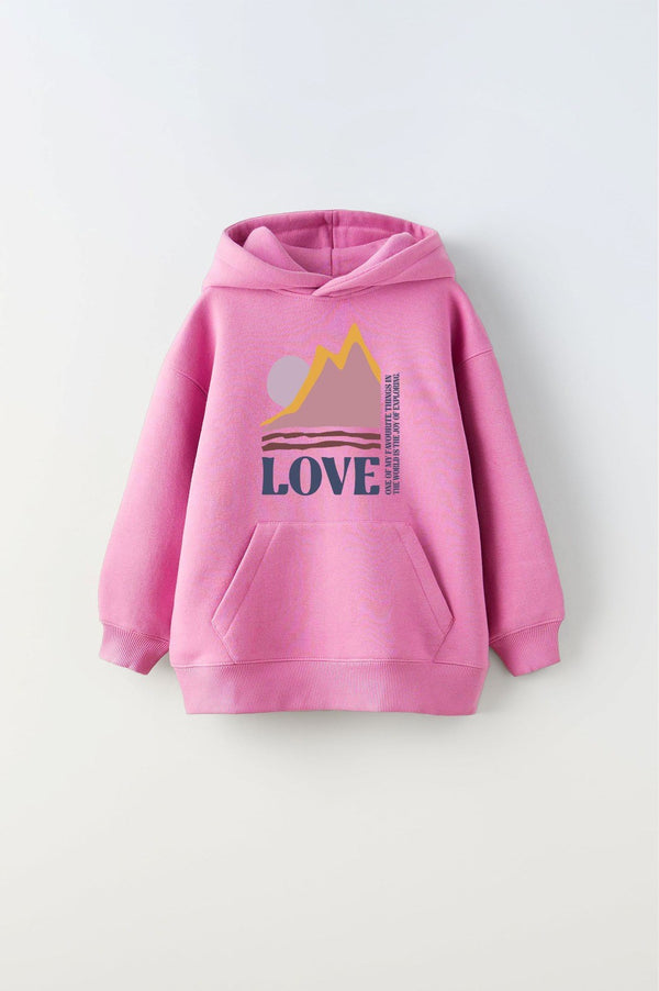 Kapüşonlu İçi Polar Love Yazı Baskılı Pembe Unisex Çocuk Hoodie Sweatshirt