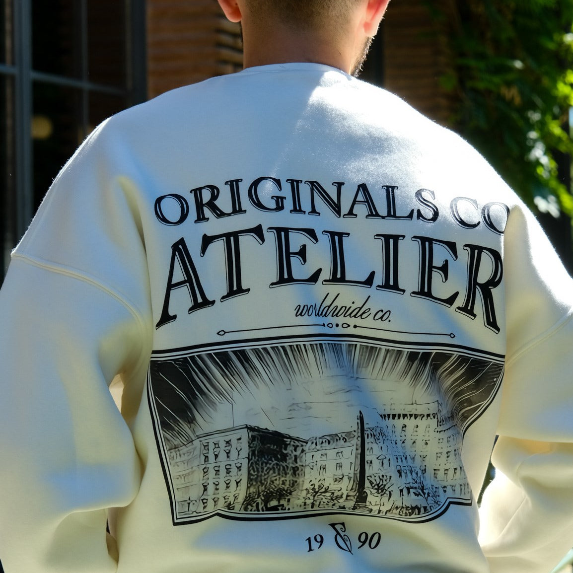 Unisex Oversize Sweatshirt Atelier Baskılı Beyaz – Bisiklet Yaka, 3 İplik Şardonlu Polar