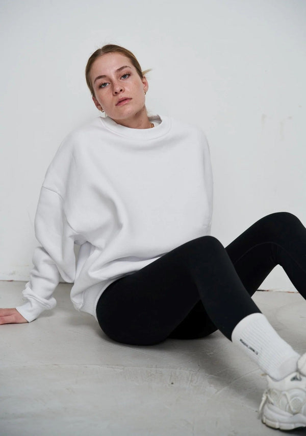 Bisiklet Yaka İçi Polar Beyaz Unisex Oversize Sweatshirt