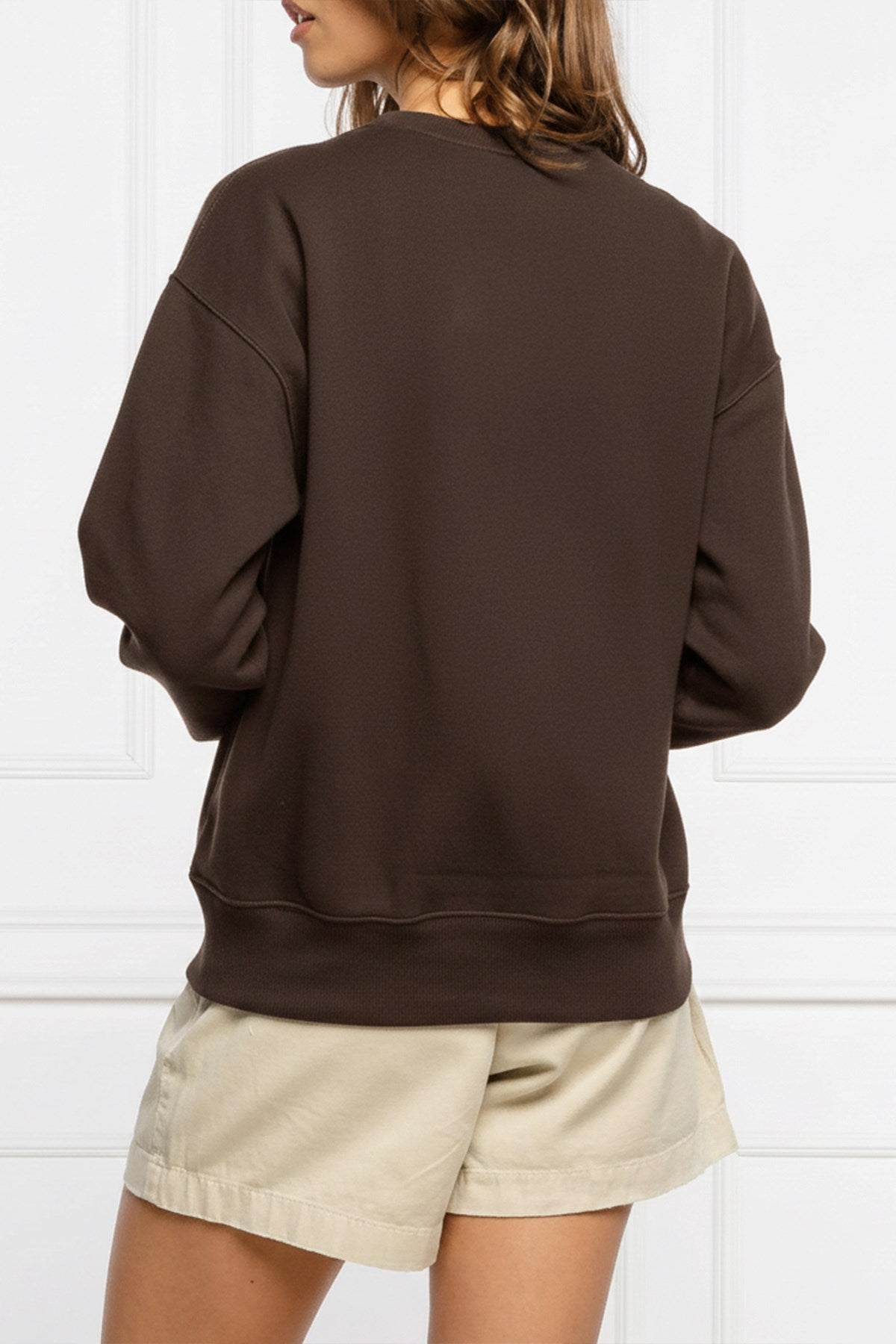 Kadın Oversize Sweatshirt Trench Bear Baskılı Kahverengi – Bisiklet Yaka, 3 İplik Şardonlu