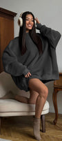 Kadın Oversize Sweatshirt Elbise Basic Füme – Bisiklet Yaka, 3 İplik Şardonlu Polar
