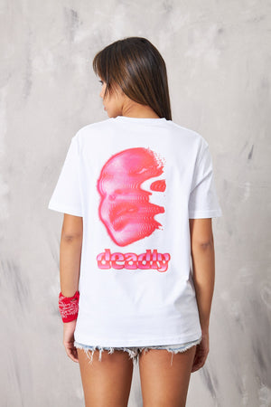 The Champ Deadly Yazılı Yüz Tasarım Baskılı Oversize Beyaz Kadın T-Shirt