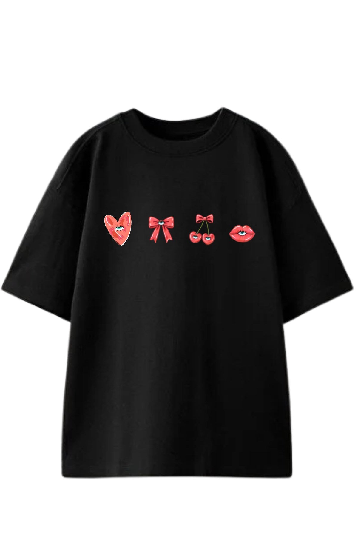 Kız Çocuk Oversize Tişört Cherry Kiss Baskılı Siyah – Bisiklet Yaka, Rahat Kalıp, %100 Pamuk