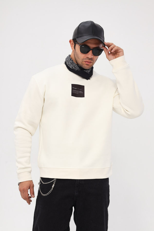 Bisiklet Yaka İçi Polar Syzygy Yazı Baskılı Beyaz Oversize Sweatshirt