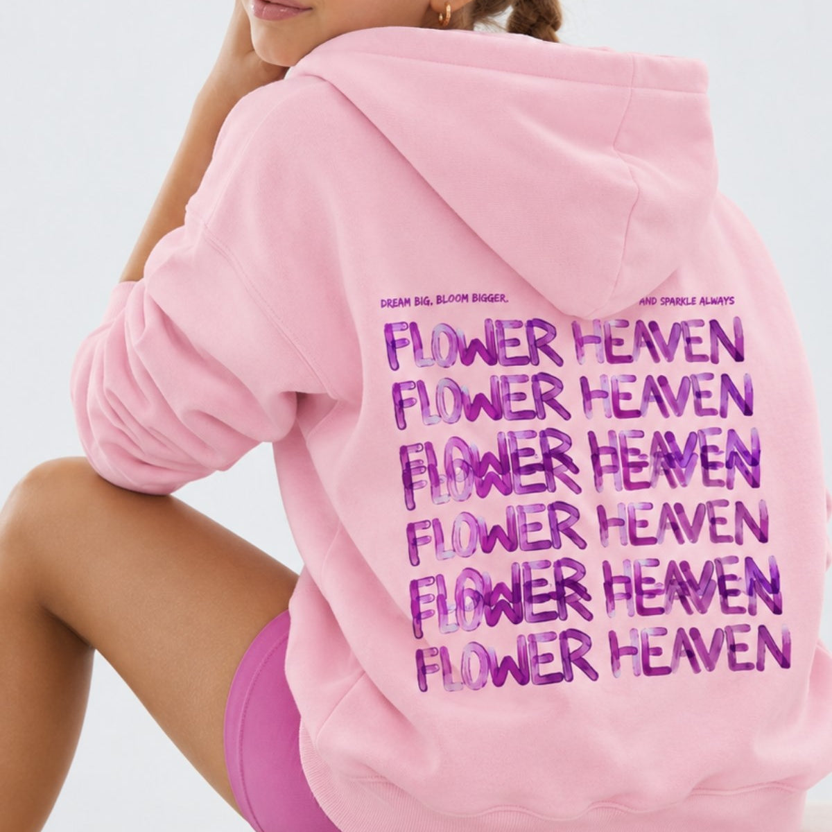 Kız Çocuk Oversize Hoodie Sweatshirt Flower Heaven Baskılı Pembe – Kapüşonlu, Cepli, 3 İplik Polar  