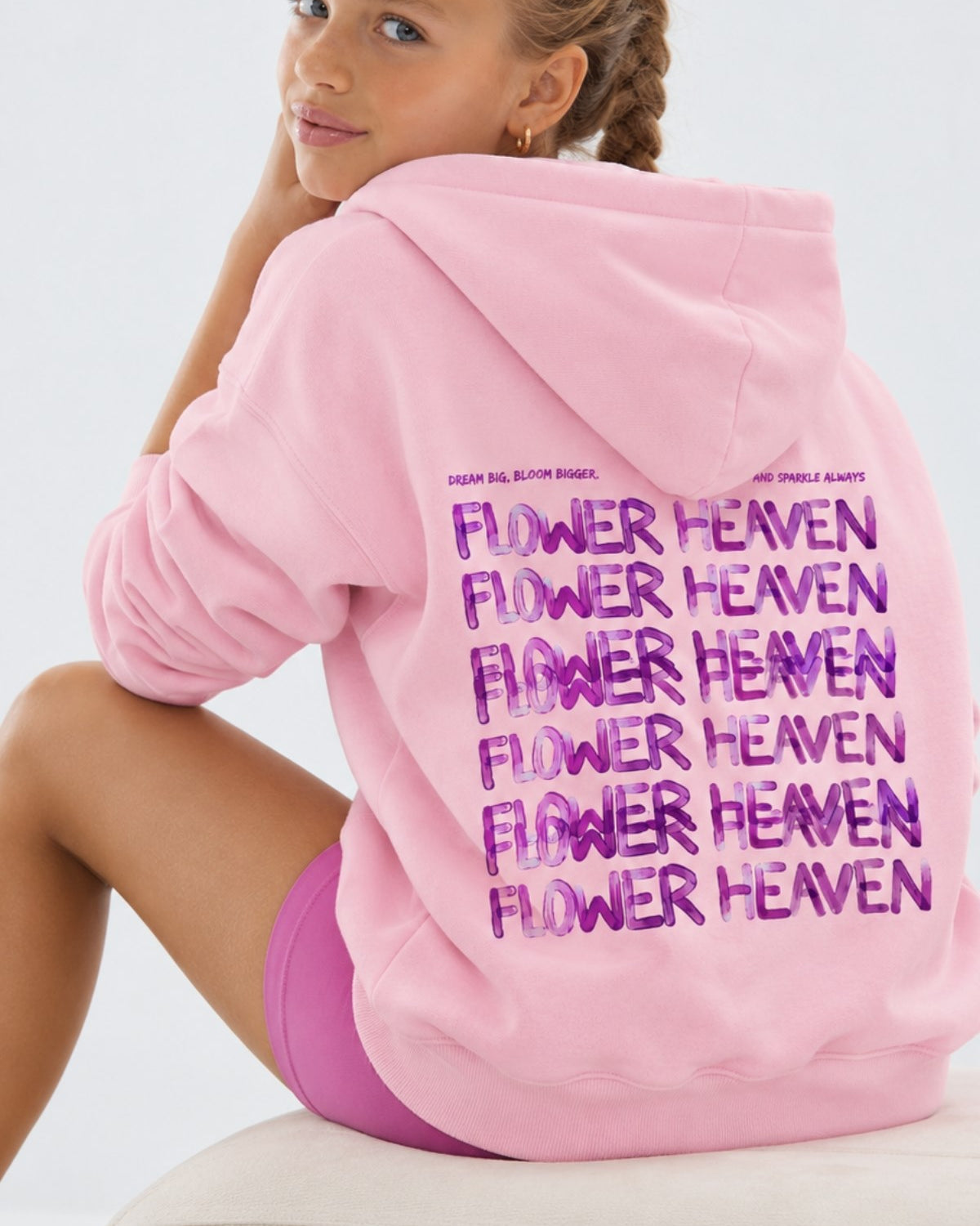 Kız Çocuk Oversize Hoodie Sweatshirt Flower Heaven Baskılı Pembe – Kapüşonlu, Cepli, 3 İplik Polar  