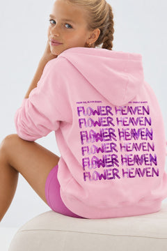 Kız Çocuk Oversize Hoodie Sweatshirt Flower Heaven Baskılı Pembe – Kapüşonlu, Cepli, 3 İplik Polar