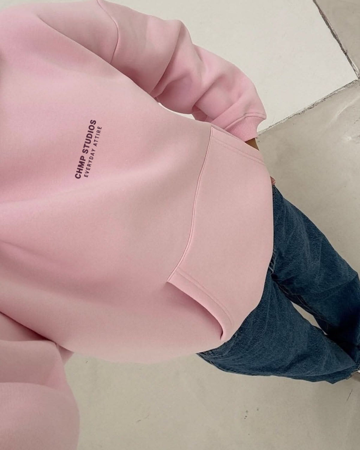 Kadın Oversize Sweatshirt Hoodie CHMP STUDIOS Pembe – Kapüşonlu, 3 İplik Polar, Kanguru Cepli