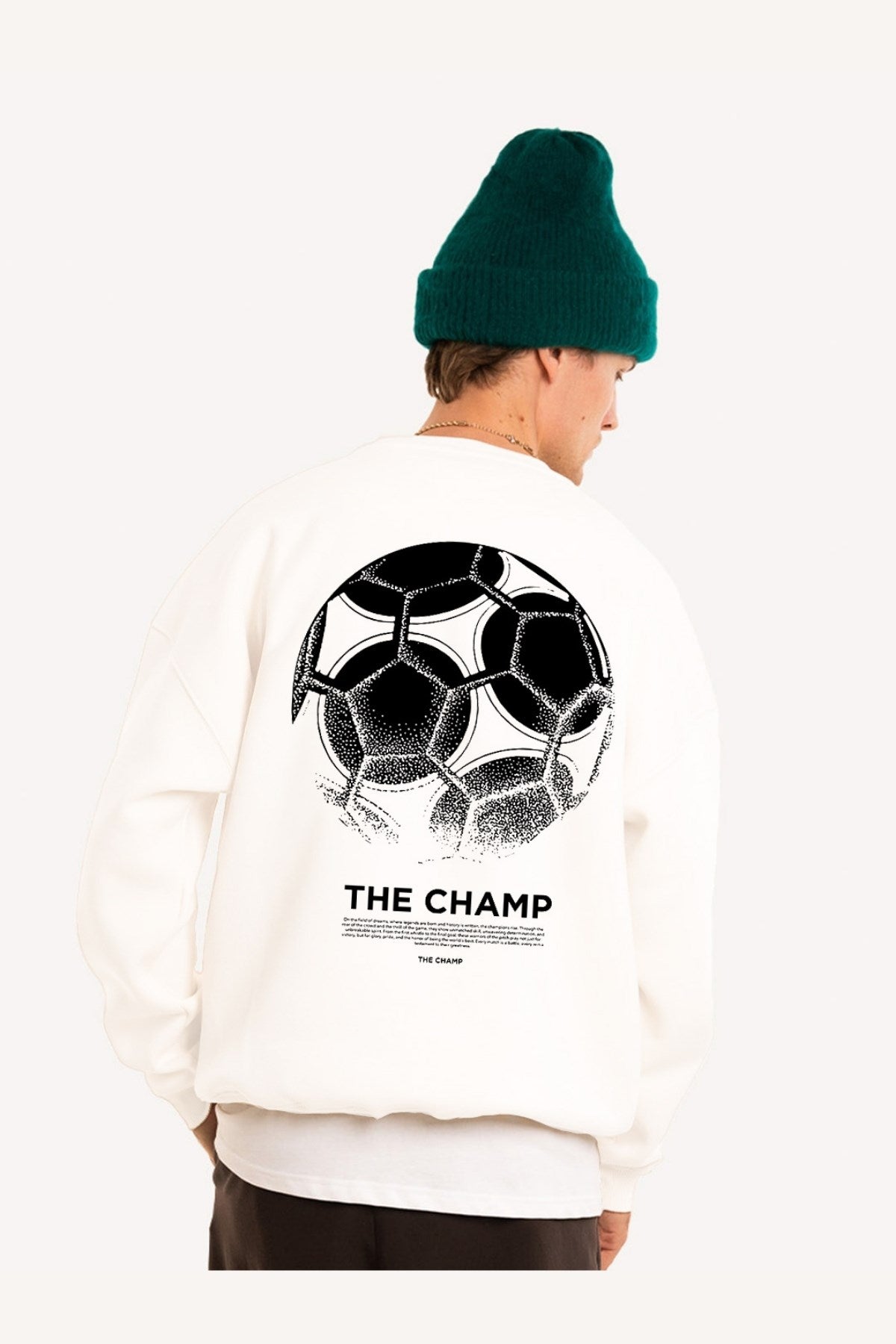 Erkek Beyaz Bisiklet Yaka Sweatshirt  The Champ Baskılı 3 İplik Şardonlu