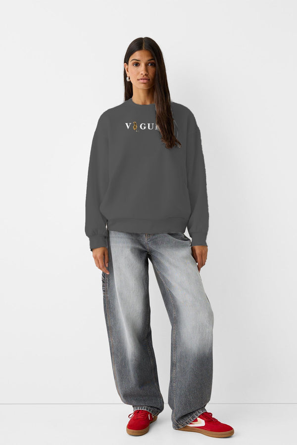 Vogue Yazı Baskılı Bisiklet Yaka İçi Polar Oversize Kesim Unisex Füme Sweatshirt