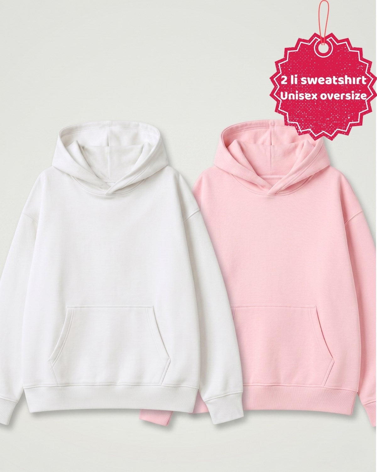 Unisex 2’li Oversize Basic Hoodie Beyaz & Pembe – Kapüşonlu, Cepli, 3 İplik Şardonlu Polar