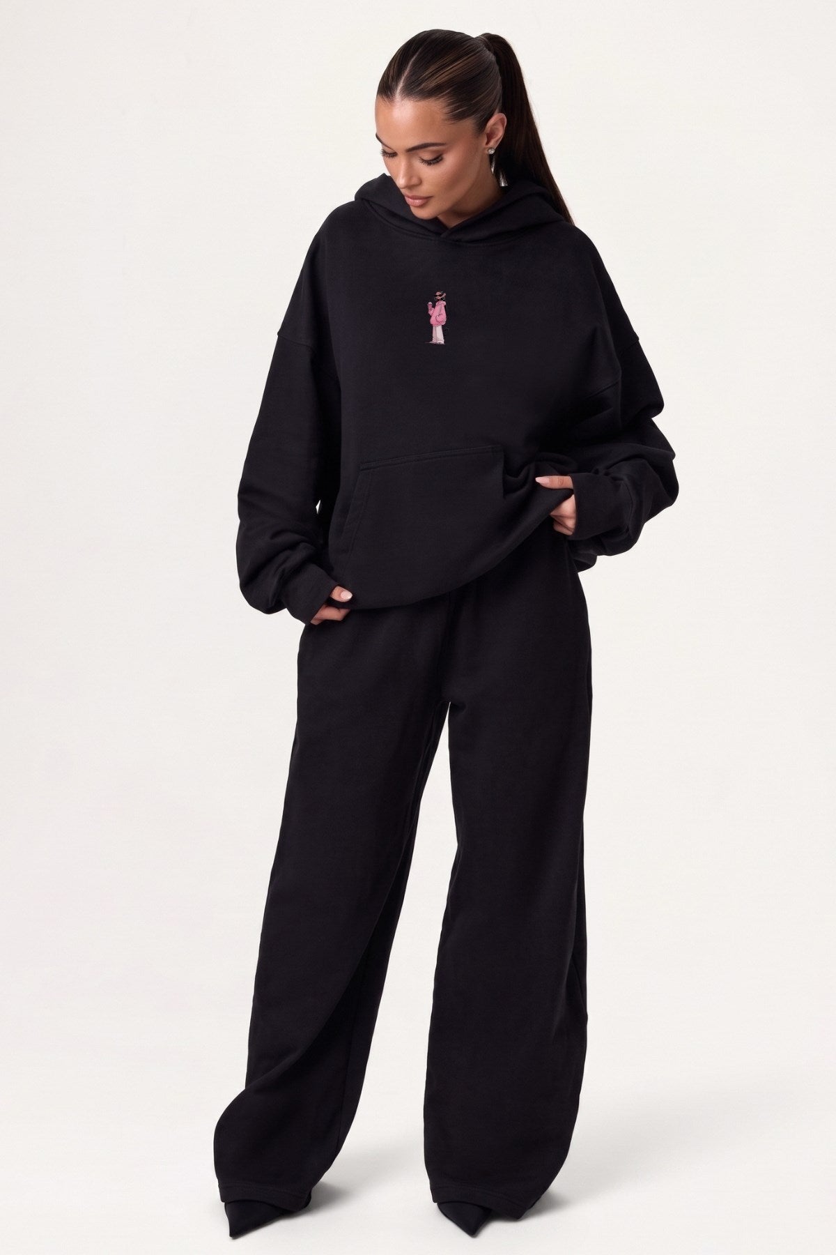 Kadın Oversize Hoodie Pink Kitty Club Baskılı Siyah - Kapüşonlu, Cepli, 3 İplik Polar