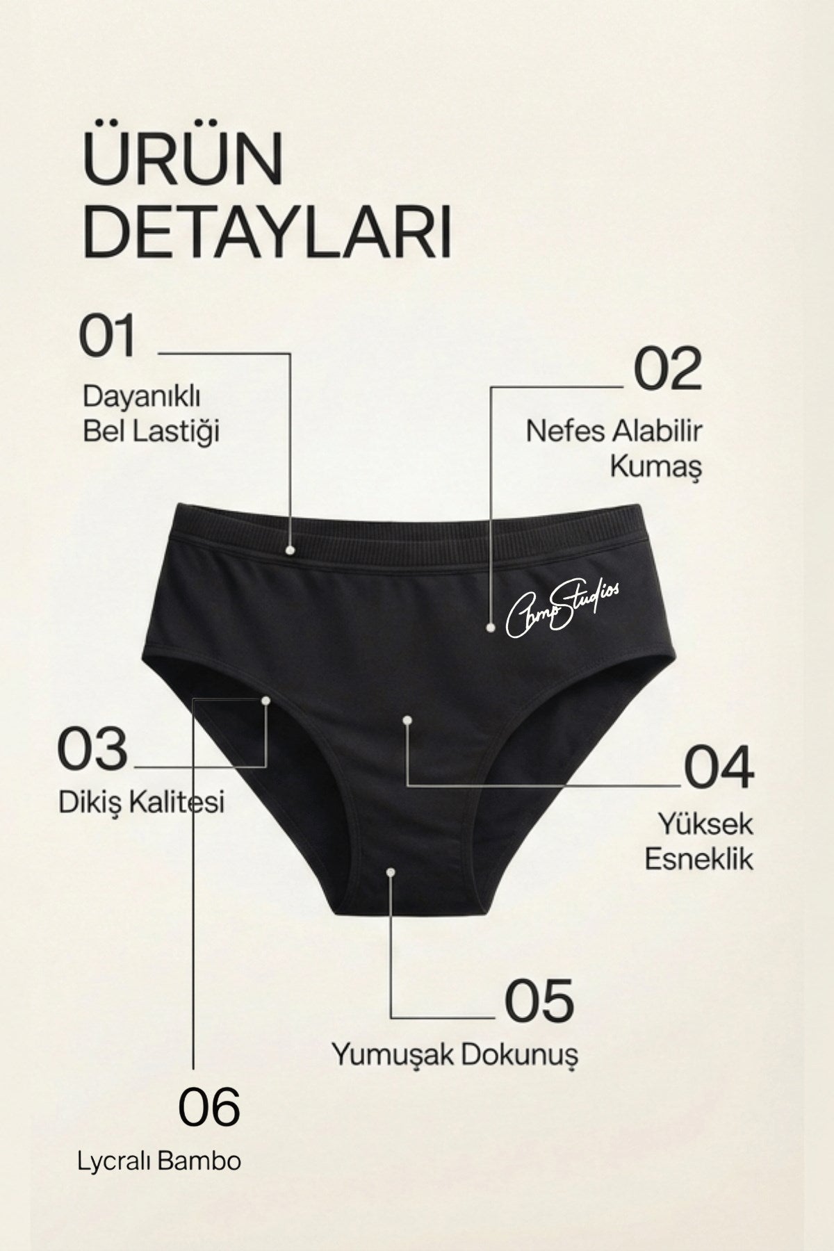 Kadın Lycralı Bambu Külot 6’lı Paket CHMP STUDIOS Baskılı Siyah – Nefes Alan Kumaş, Yumuşak Dokunuş
